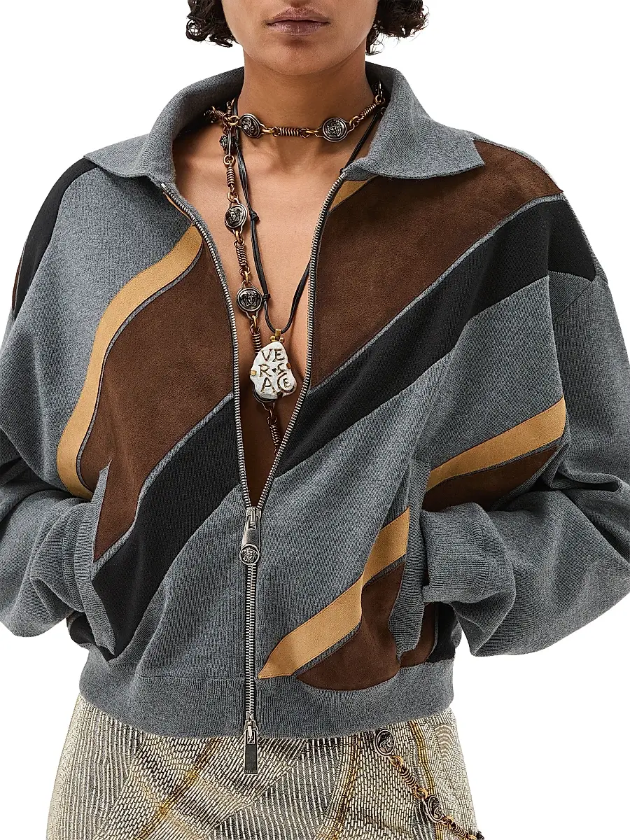 Versace Women's Intarsia-Wool & Leather Patchwork Zip Sweatshirt | Thumbnail 2 Versace Women's Intarsia-Wool & Leather Patchwork Zip Sweatshirt | Thumbnail 2