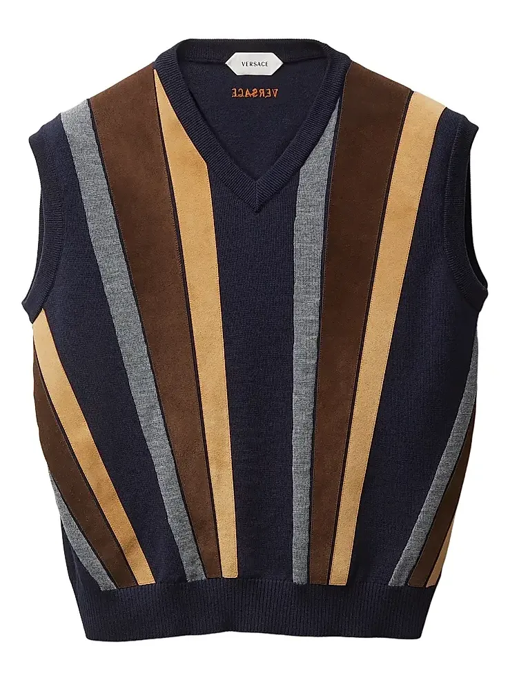Versace Women's Striped Leather Patchwork Sleeveless Virgin Wool Vest