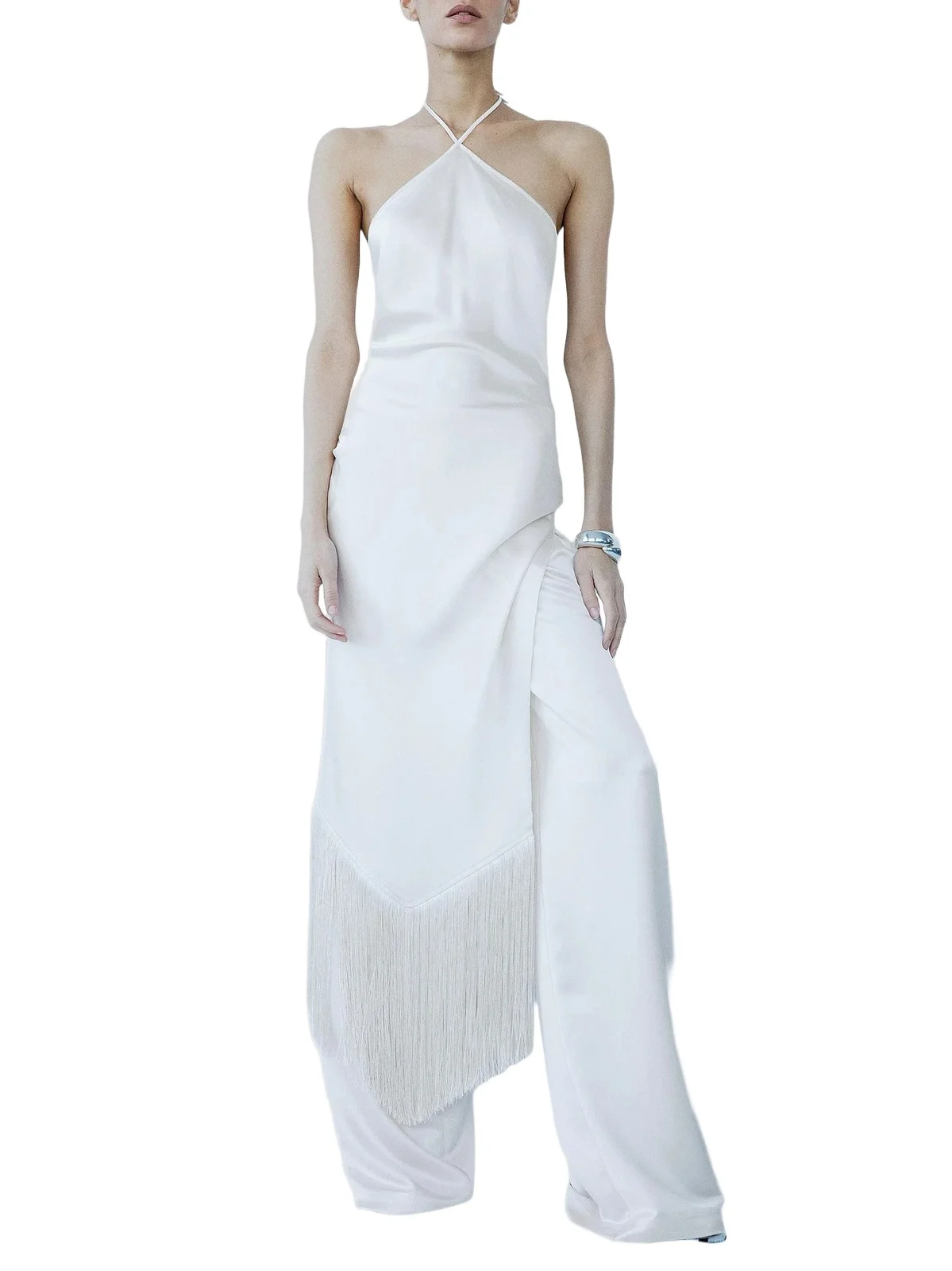The New Arrivals Ilkyaz Ozel Women's Blanca Satin Fringe-Trim Midi-Dress