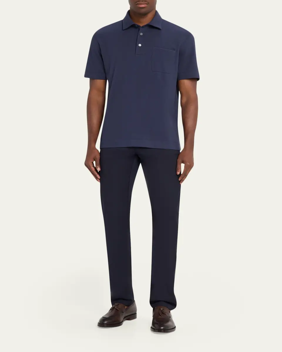 Zegna Men's Pique Polo Shirt with Leather-Trim Pocket | Thumbnail 2 Zegna Men's Pique Polo Shirt with Leather-Trim Pocket | Thumbnail 2