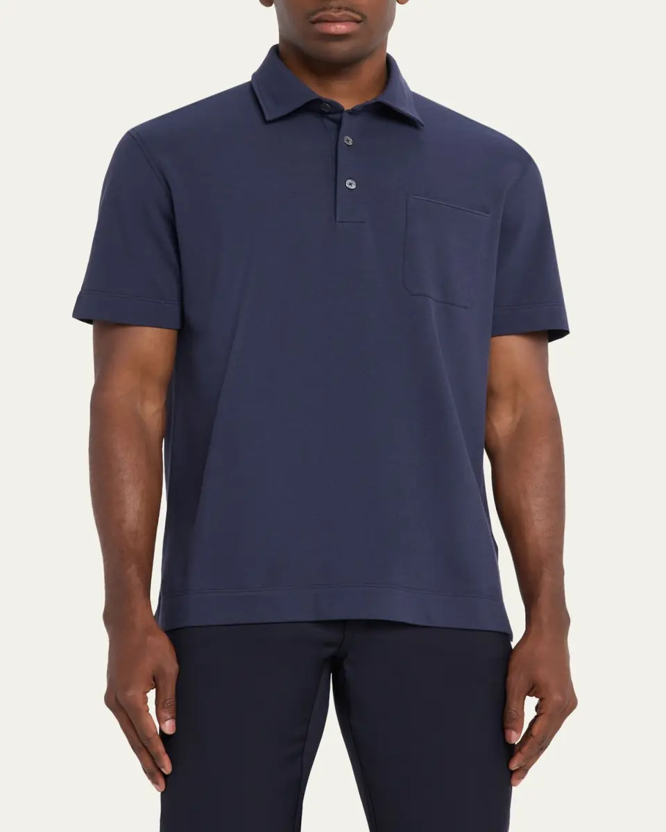 Zegna Men's Pique Polo Shirt with Leather-Trim Pocket | Thumbnail 4 Zegna Men's Pique Polo Shirt with Leather-Trim Pocket | Thumbnail 4