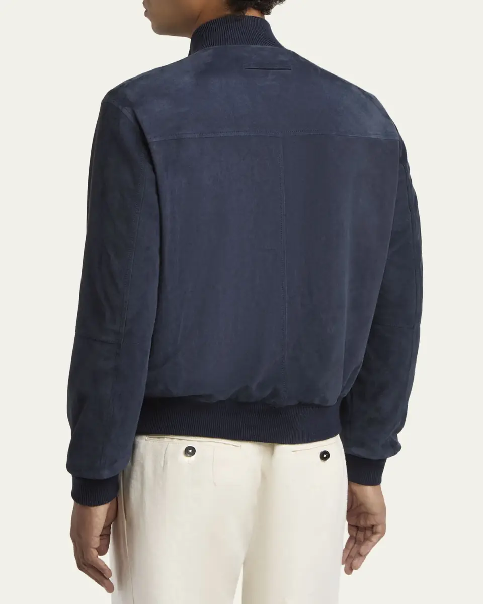 ZEGNA Men's Dark Indigo Blue Suede Blouson | Thumbnail 3