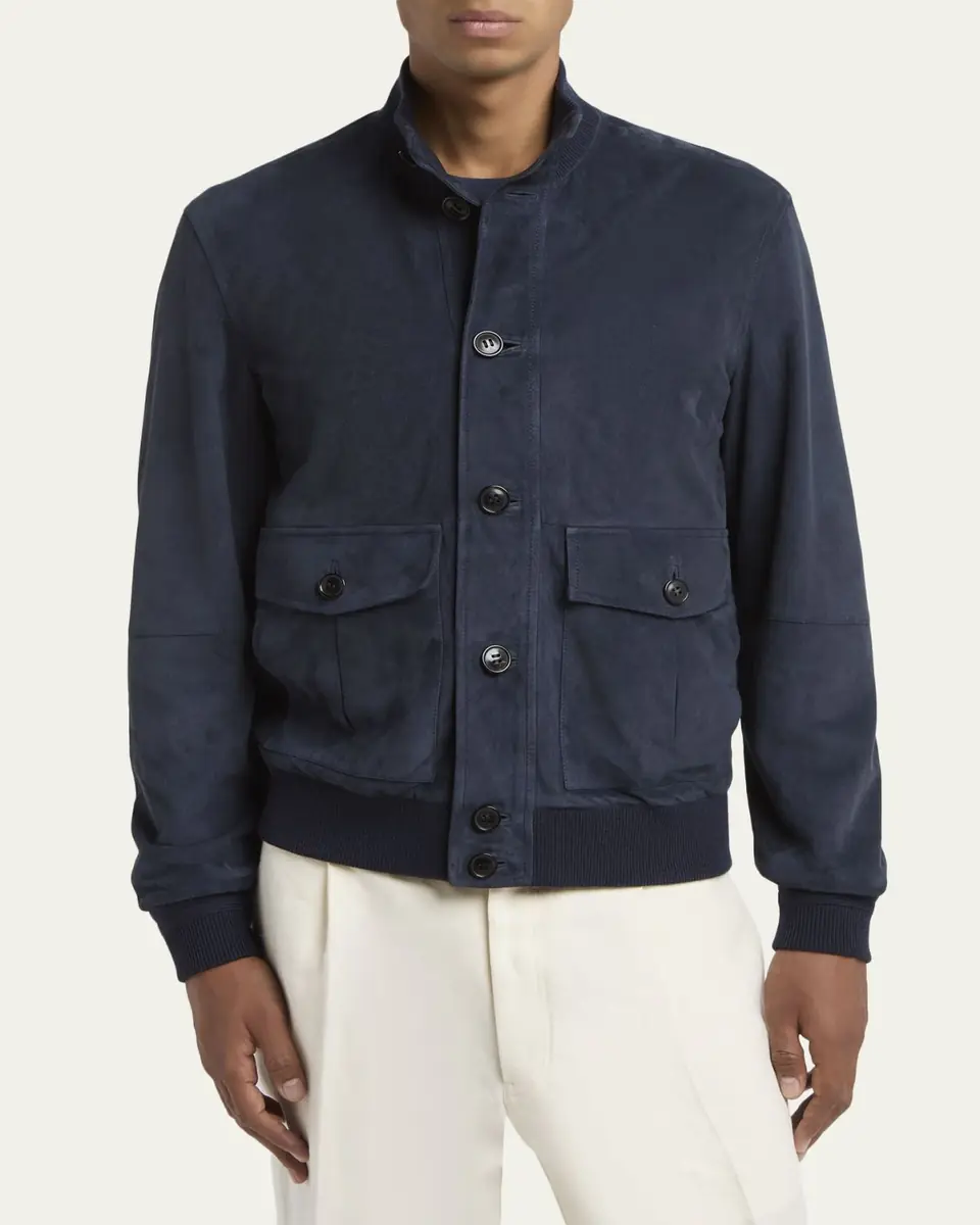 ZEGNA Men's Dark Indigo Blue Suede Blouson | Thumbnail 4