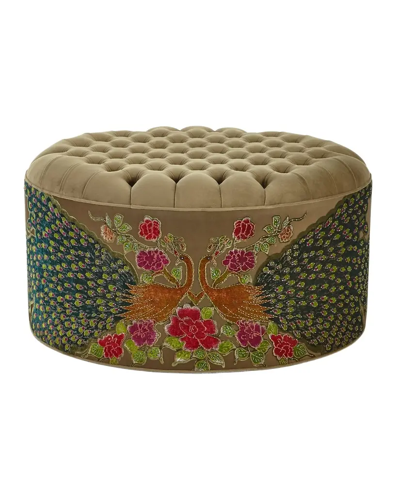 Haute House Round Peacock Ottoman | Image 1 Haute House Round Peacock Ottoman | Image 1