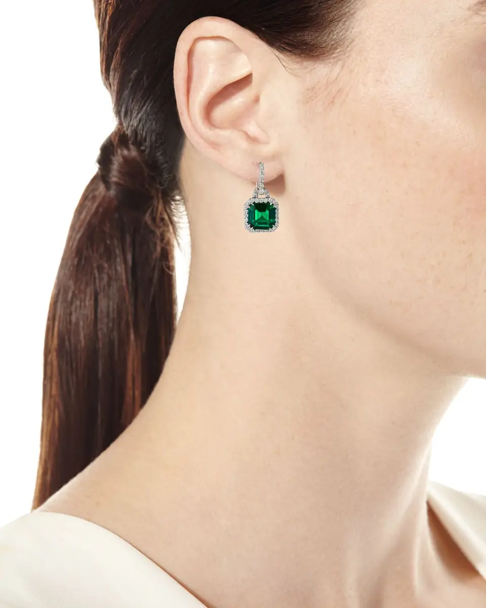 Fantasia by DeSerio Lab Grown Emerald Cubic Zirconia Drop Earrings | Thumbnail 2