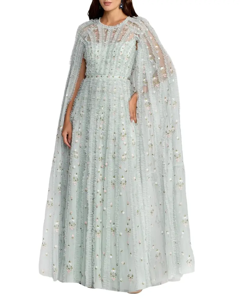 Mac Duggal Embroidered Cape-Sleeve Mesh Gown