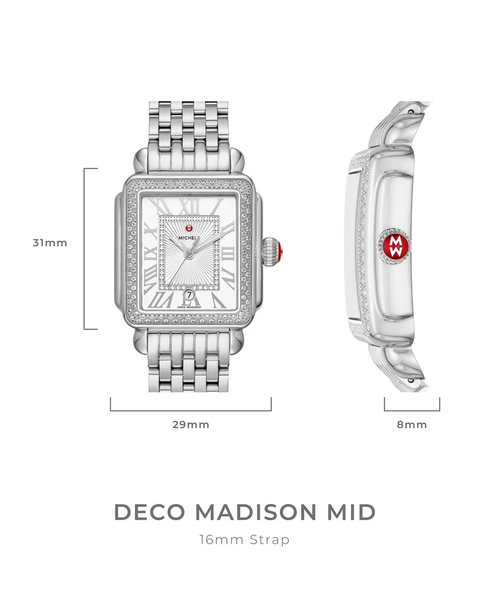 Michele Deco Madison Mid Diamond-Dial Watch, Silver/White | Thumbnail 3