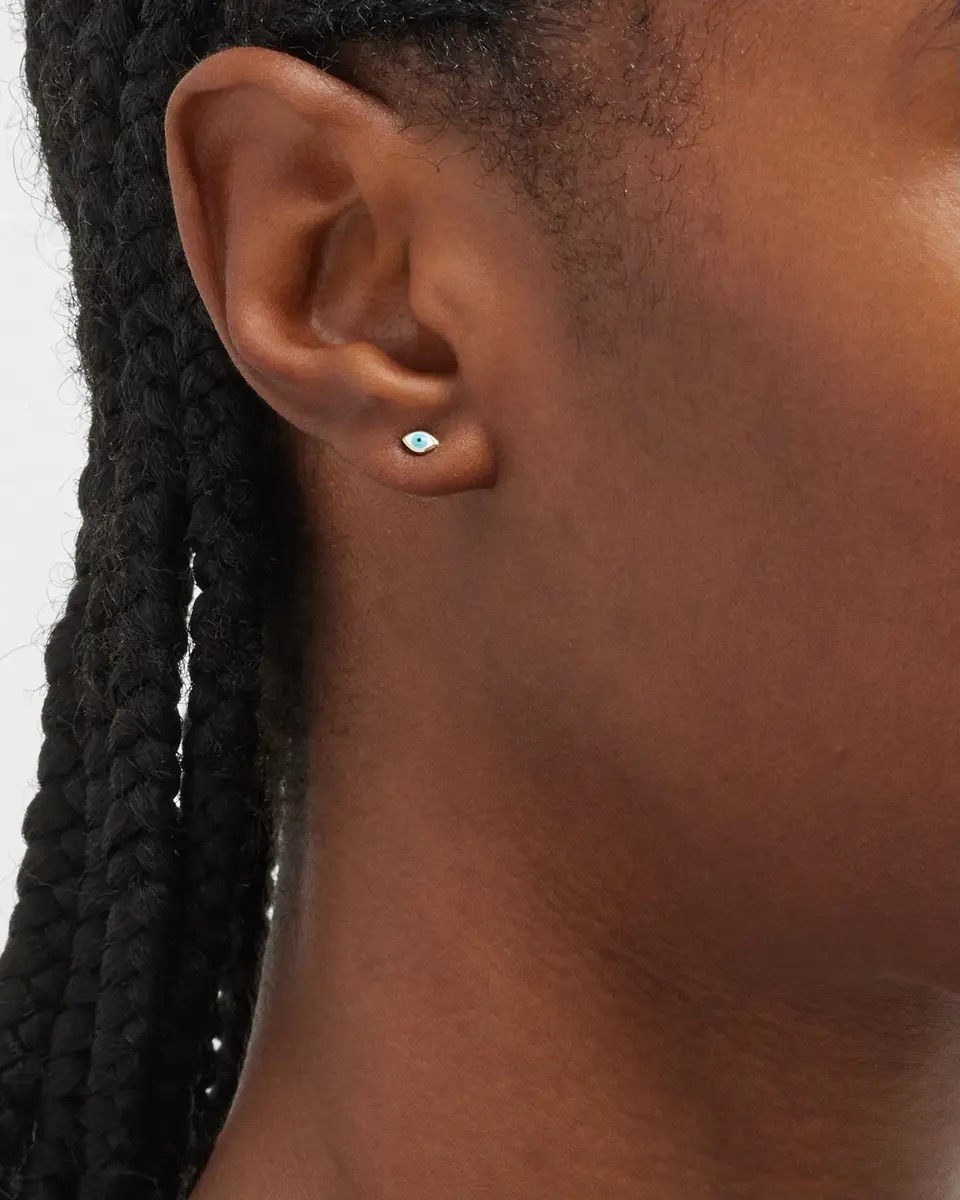 14K Gold Enamel Evil Eye Stud Earring, Single