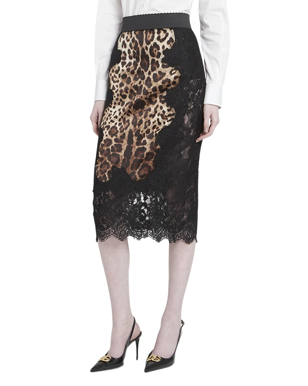 Leopard-Print Insert Lace Midi Skirt