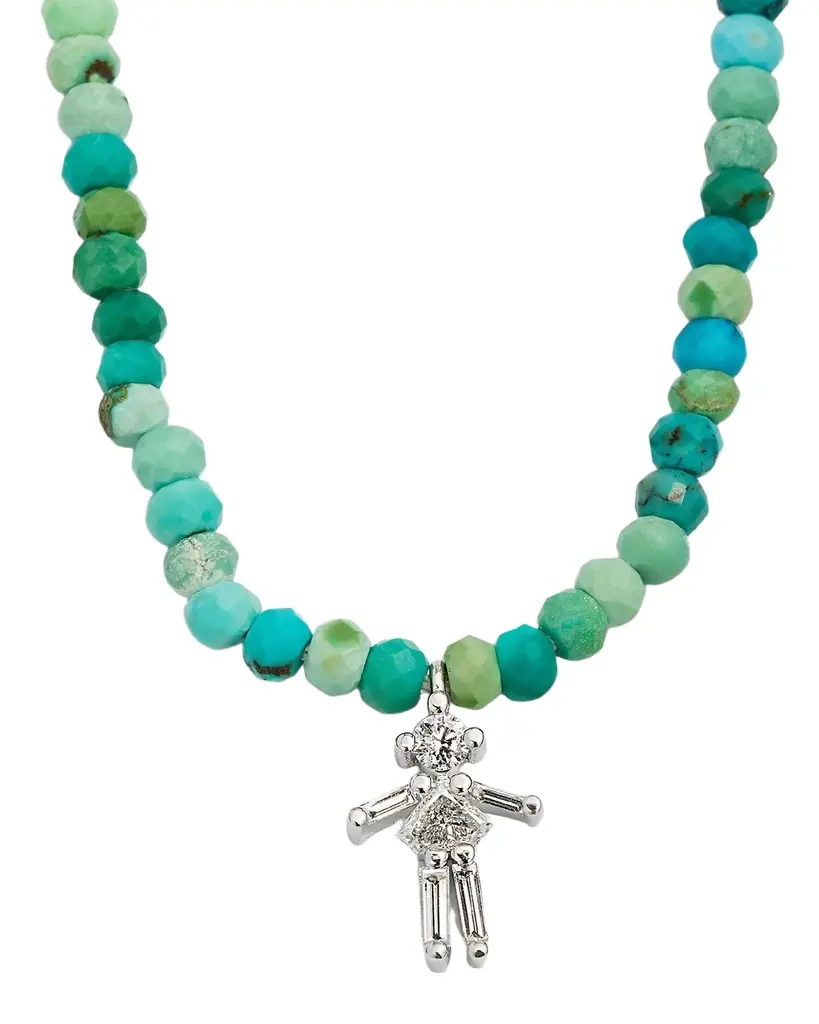 18K White Gold and Diamonds Girl Turquoise Beaded Necklace
