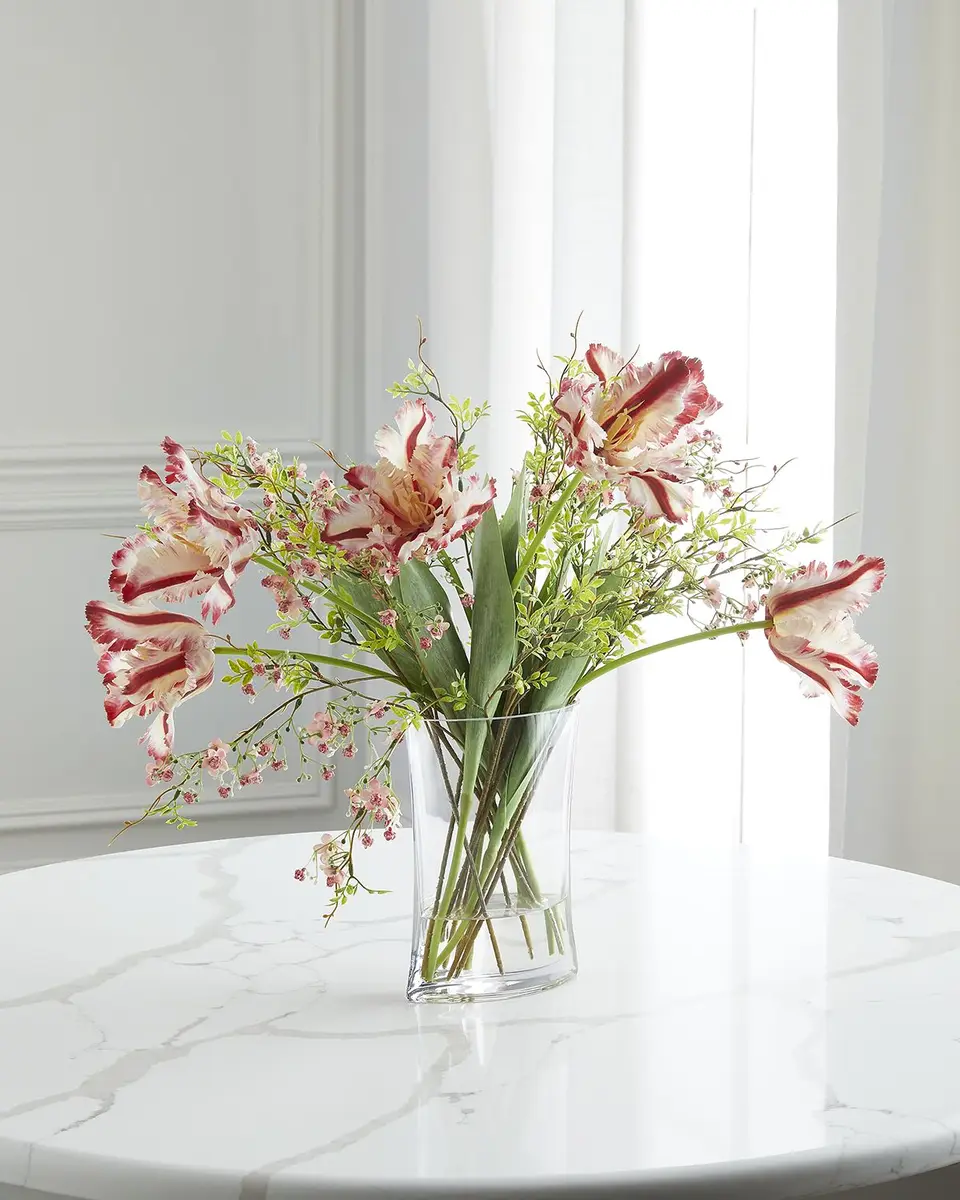 John-Richard Collection Raspberry Tulips Faux Floral Arrangement in Glass Vase - 22" | Image 1 John-Richard Collection Raspberry Tulips Faux Floral Arrangement in Glass Vase - 22" | Image 1