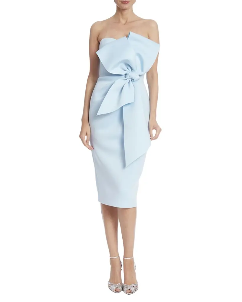 Badgley Mischka Collection Strapless Bow-Front Bodycon Midi Dress