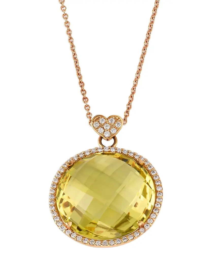 Lisa Nik Rocks 18K Rose Gold Lemon Quartz Diamond Halo and Heart Bail Pendant Necklace | Image 1 Lisa Nik Rocks 18K Rose Gold Lemon Quartz Diamond Halo and Heart Bail Pendant Necklace | Image 1