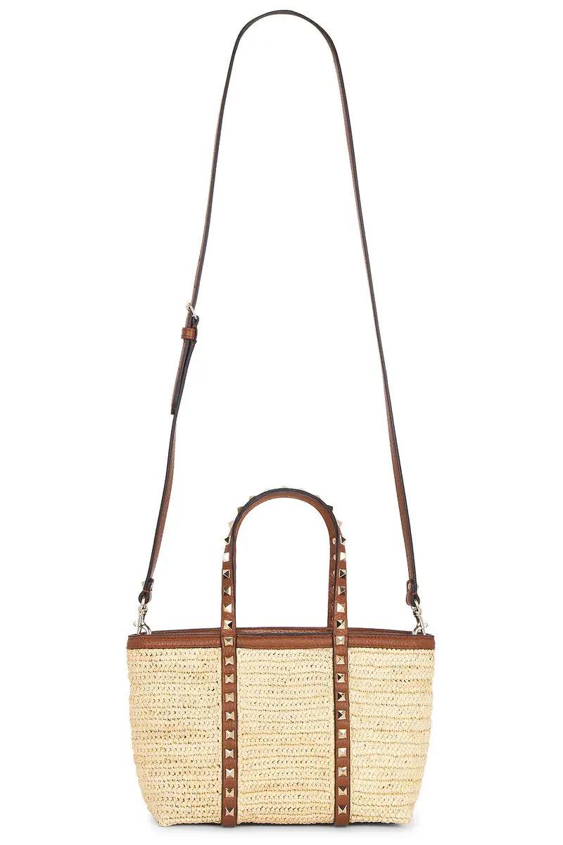 Valentino Garavani Crochet Raffia Rockstud Mini Tote Bag | Image 1 Valentino Garavani Crochet Raffia Rockstud Mini Tote Bag | Image 1
