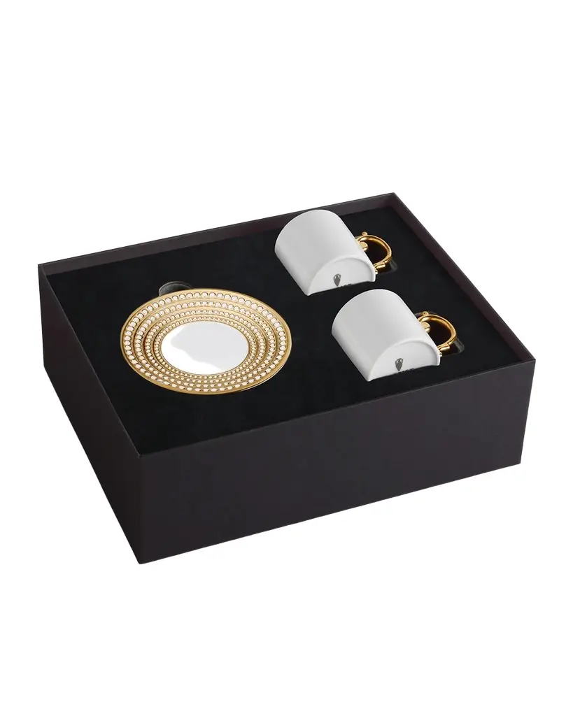 L'Objet Perlee Golden 3-Piece Espresso Cup & Saucer Set