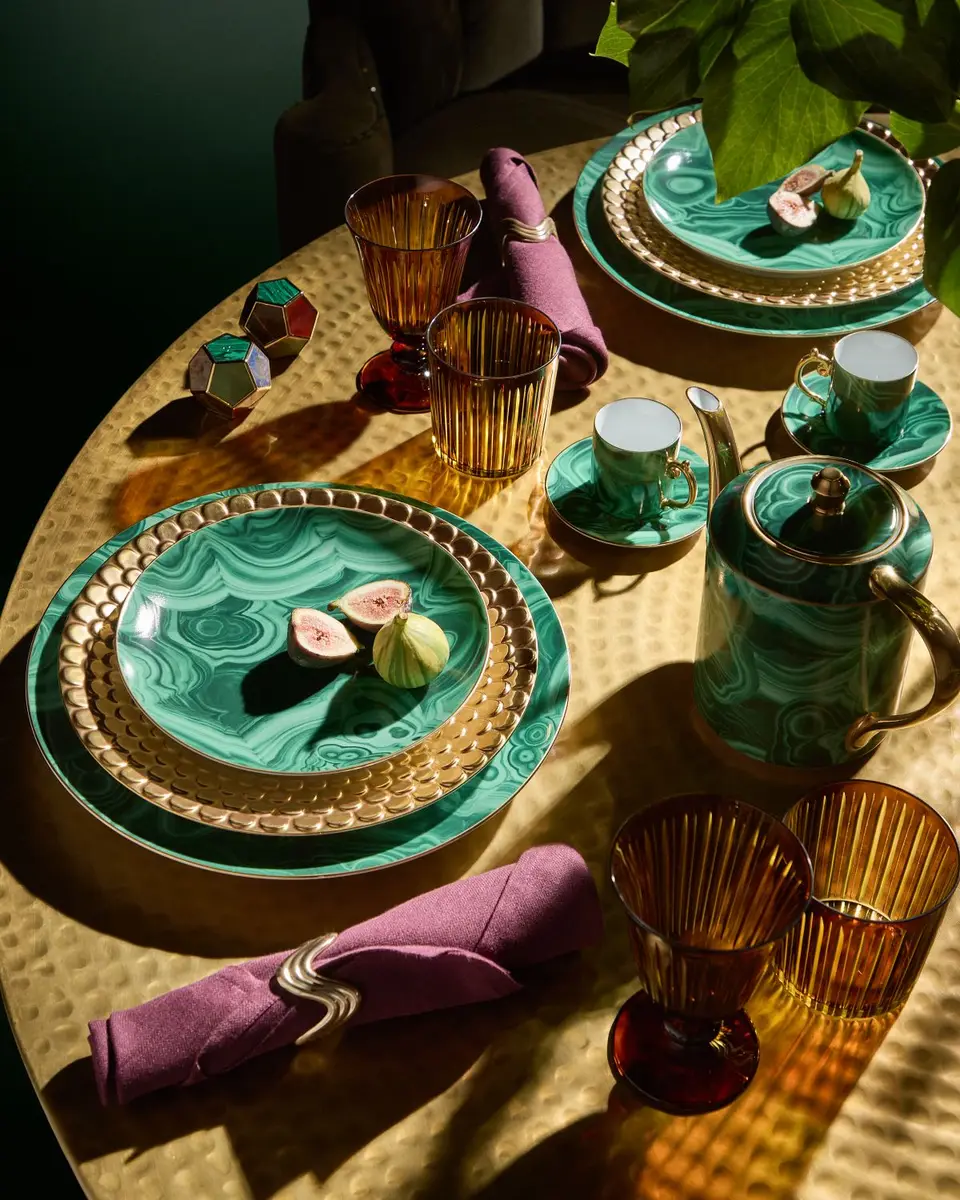 L'Objet Malachite 4-Piece Espresso Cup & Saucer Set