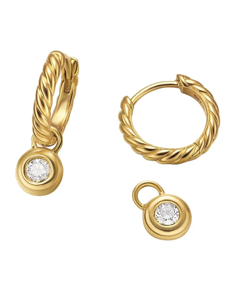 David Yurman Petite Modern Cable Huggie Drop Earrings in 18K Gold with Diamonds, 18.5mm | Image 1 David Yurman Petite Modern Cable Huggie Drop Earrings in 18K Gold with Diamonds, 18.5mm | Image 1