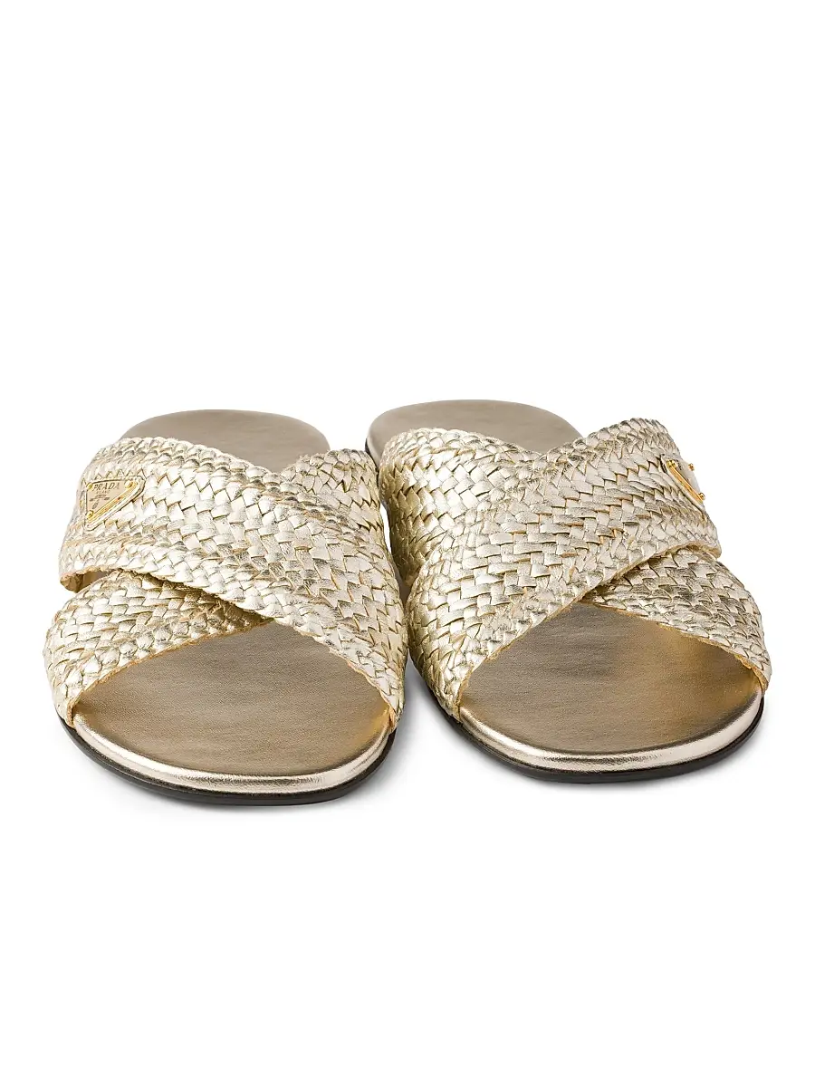 Prada Women's Woven Leather Crisscross Slides - Gold | Thumbnail 2 Prada Women's Woven Leather Crisscross Slides - Gold | Thumbnail 2