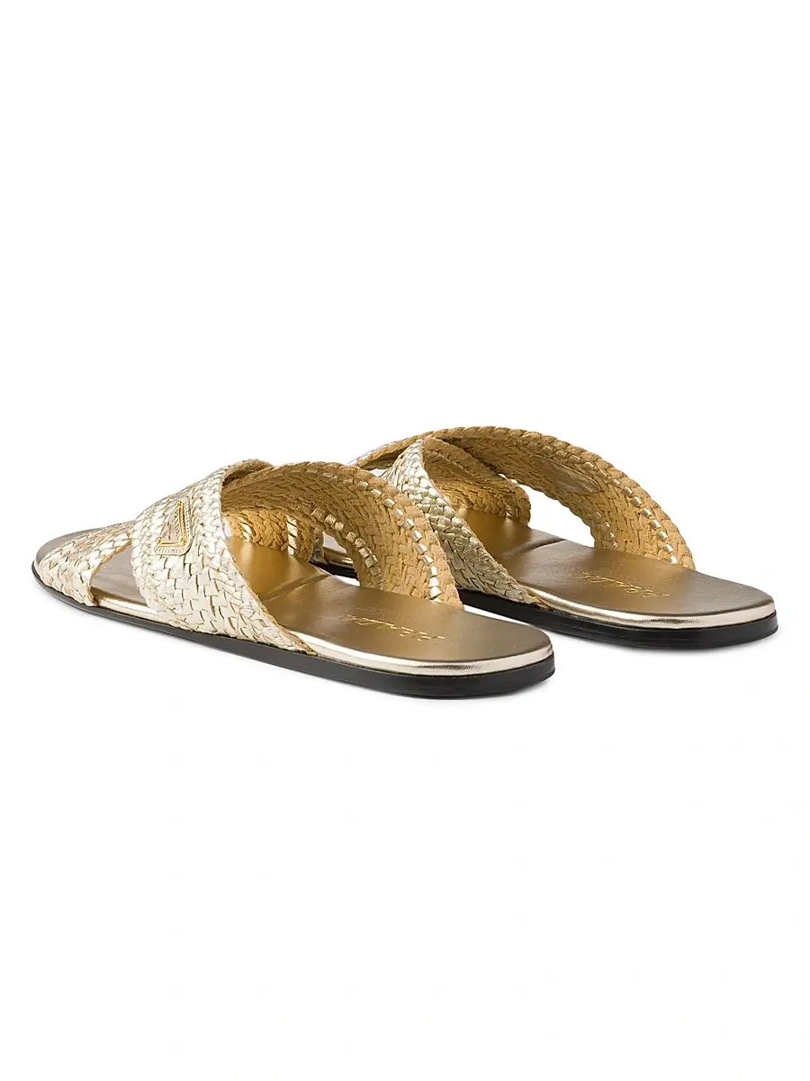 Prada Women's Woven Leather Crisscross Slides - Gold | Thumbnail 3 Prada Women's Woven Leather Crisscross Slides - Gold | Thumbnail 3