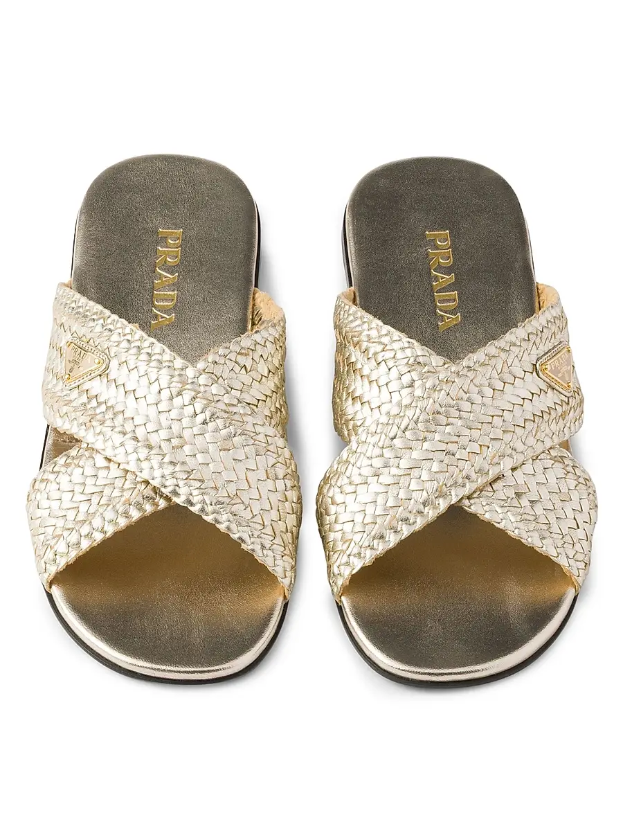 Prada Women's Woven Leather Crisscross Slides - Gold | Thumbnail 4 Prada Women's Woven Leather Crisscross Slides - Gold | Thumbnail 4