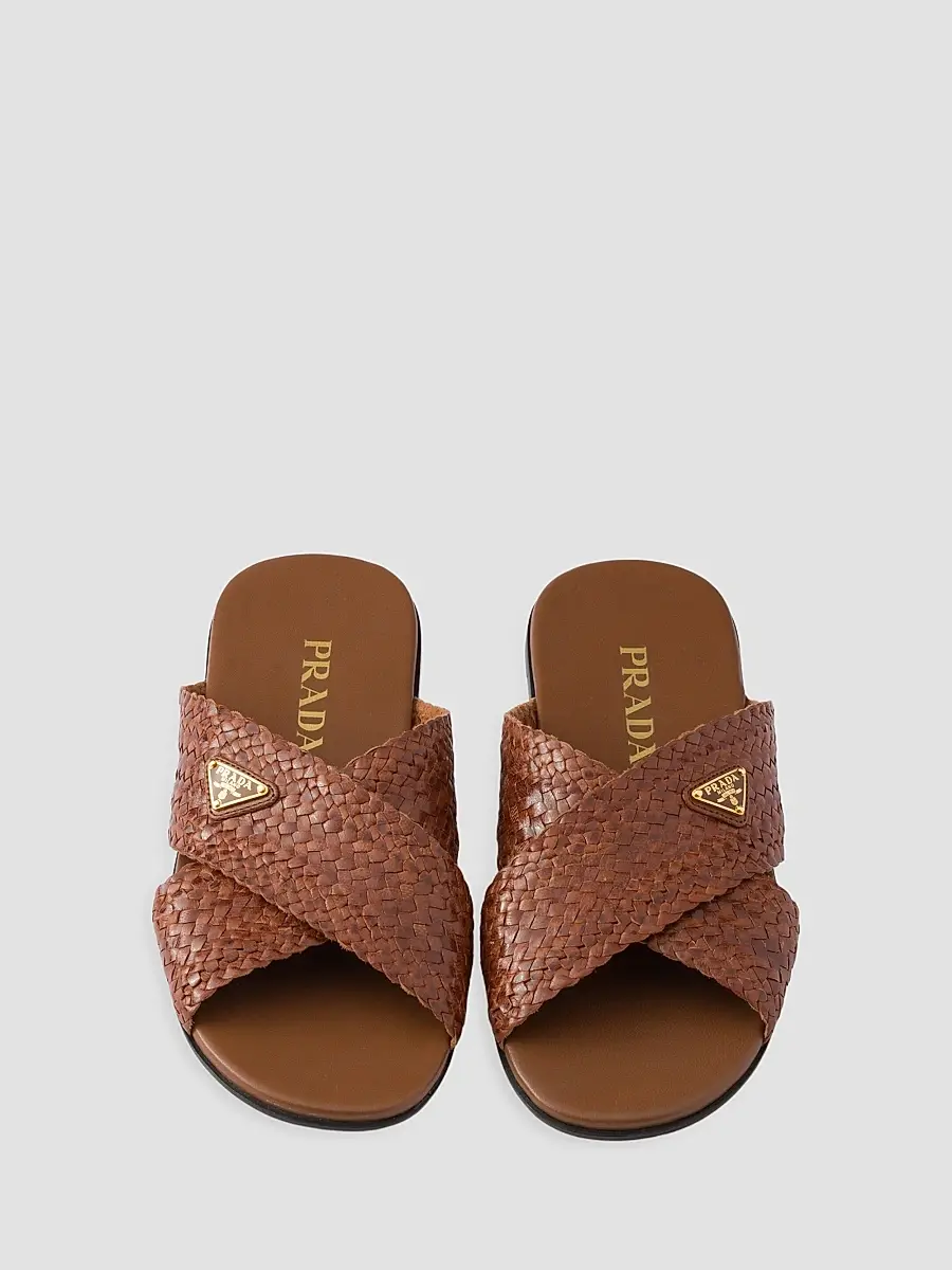 Prada Women's Woven Leather Crisscross Slides - Gold | Thumbnail 7 Prada Women's Woven Leather Crisscross Slides - Gold | Thumbnail 7