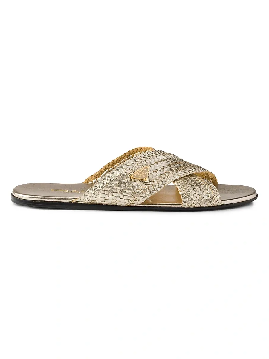 Prada Women's Woven Leather Crisscross Slides - Gold | Thumbnail 1 Prada Women's Woven Leather Crisscross Slides - Gold | Thumbnail 1