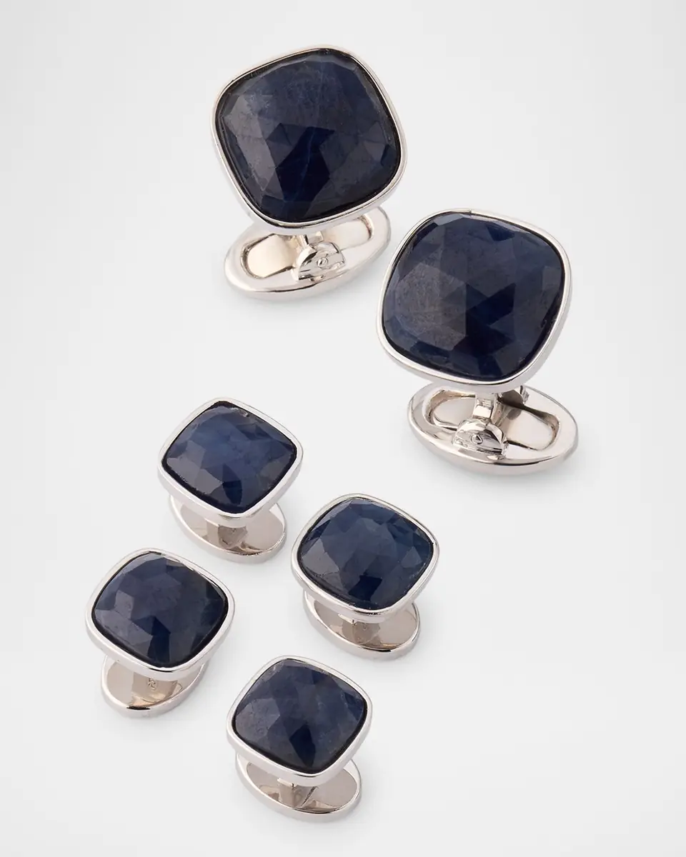 Jan Leslie Men's Sterling Silver Sapphire Square Cufflink Stud Set | Thumbnail 3
