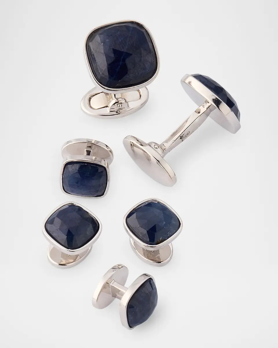 Jan Leslie Men's Sterling Silver Sapphire Square Cufflink Stud Set | Thumbnail 4