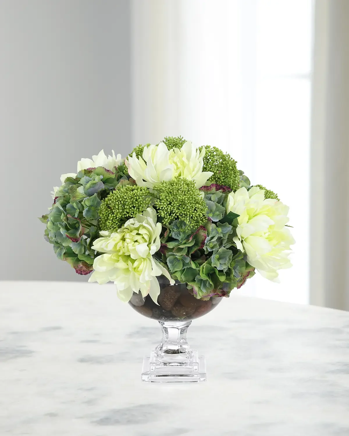 John-Richard Collection Teal Green Hydrangeas 18" Faux Floral Arrangement in Glass Vase