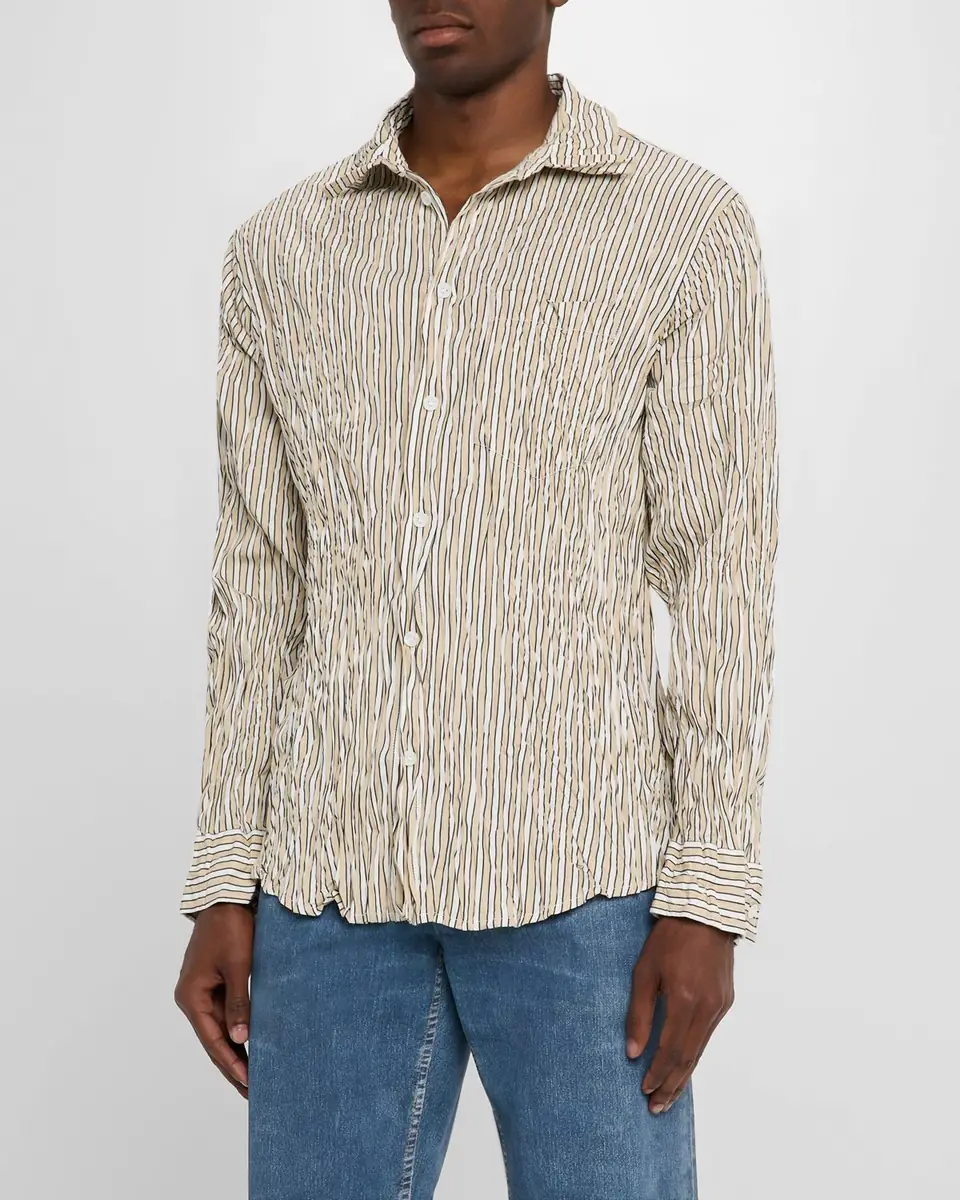 Bottega Veneta Men's Tricolor Stripe Crinkled Sport Shirt | Thumbnail 3 Bottega Veneta Men's Tricolor Stripe Crinkled Sport Shirt | Thumbnail 3