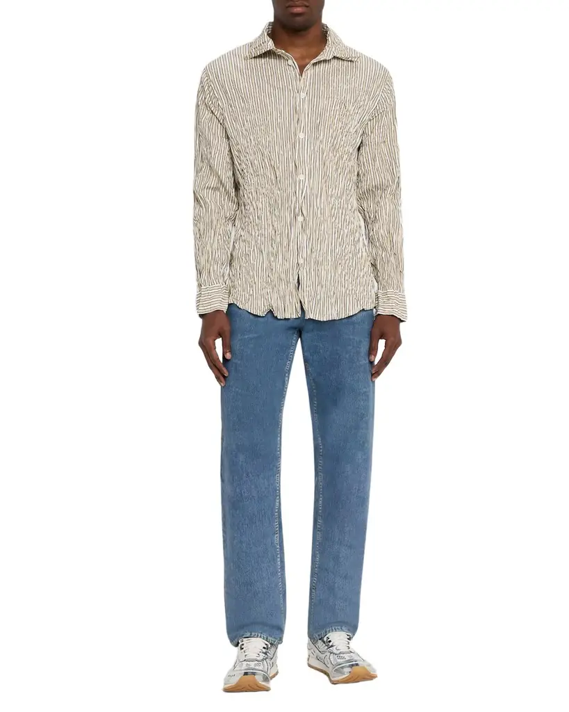 Bottega Veneta Men's Tricolor Stripe Crinkled Sport Shirt | Image 1 Bottega Veneta Men's Tricolor Stripe Crinkled Sport Shirt | Image 1