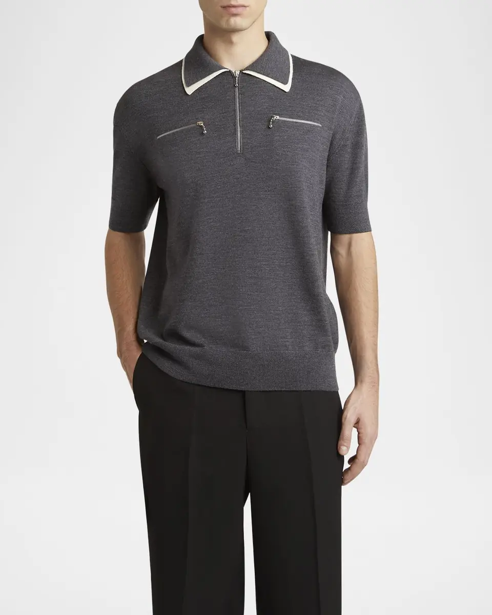 Jil Sander Men's Contrast-Collar Wool Quarter-Zip Polo Shirt | Thumbnail 4 Jil Sander Men's Contrast-Collar Wool Quarter-Zip Polo Shirt | Thumbnail 4
