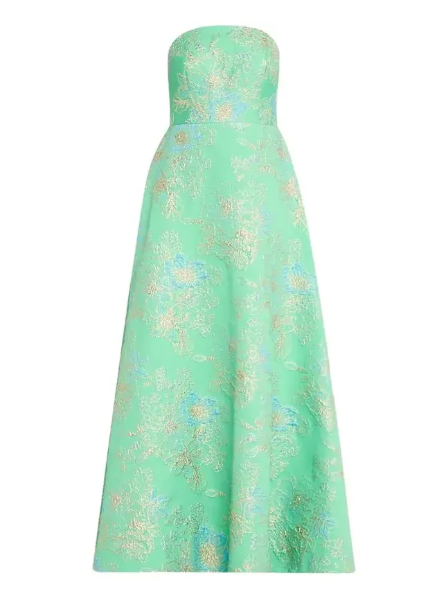 Strapless Metallic Floral Jacquard Gown