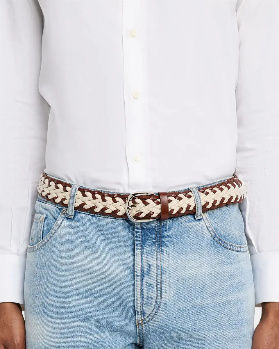 Brunello Cucinelli Men's Leather and Canvas Woven Belt | Image 1 Brunello Cucinelli Men's Leather and Canvas Woven Belt | Image 1