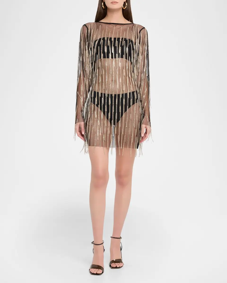 LAPOINTE Crystal Fringe Mesh Long-Sleeve Mini Dress | Thumbnail 2