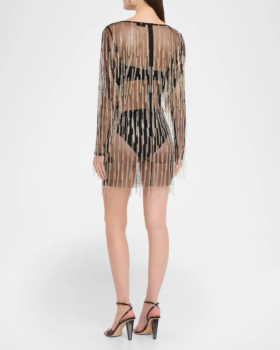 LAPOINTE Crystal Fringe Mesh Long-Sleeve Mini Dress | Thumbnail 3