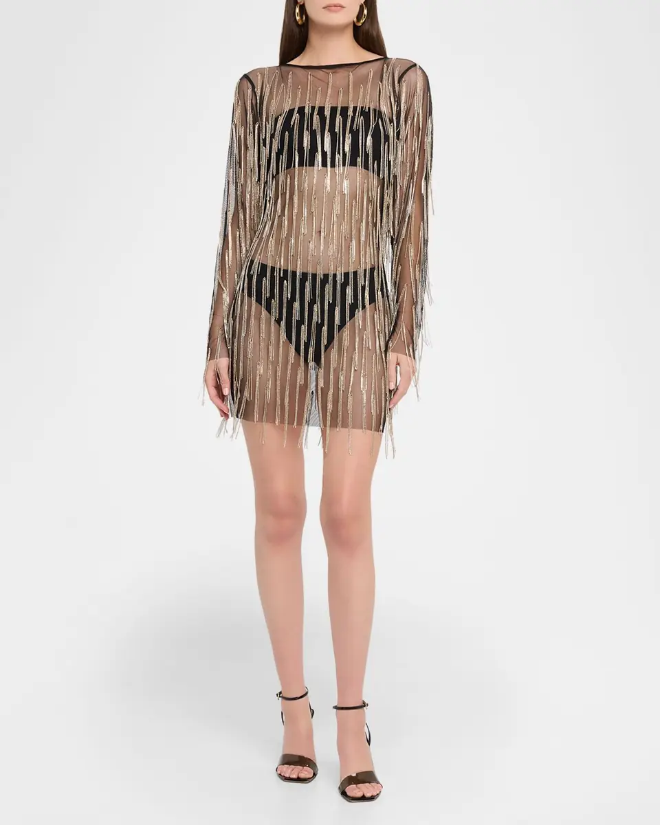 LAPOINTE Crystal Fringe Mesh Long-Sleeve Mini Dress | Thumbnail 4