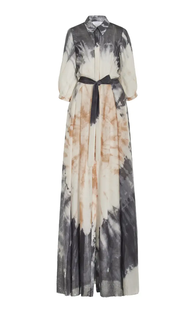 GABRIELA HEARST Daisy Pleated Shirtdress in Camel Multi Tie Dye Cashmere Silk Gauze | Image 1 GABRIELA HEARST Daisy Pleated Shirtdress in Camel Multi Tie Dye Cashmere Silk Gauze | Image 1
