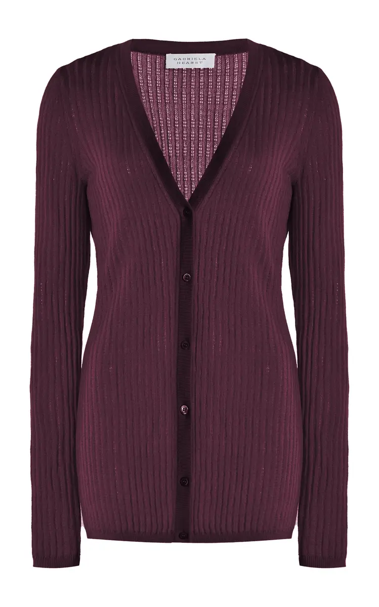 GABRIELA HEARST Emma Pointelle Knit Cardigan in Deep Bordeaux Cashmere Silk | Image 1 GABRIELA HEARST Emma Pointelle Knit Cardigan in Deep Bordeaux Cashmere Silk | Image 1