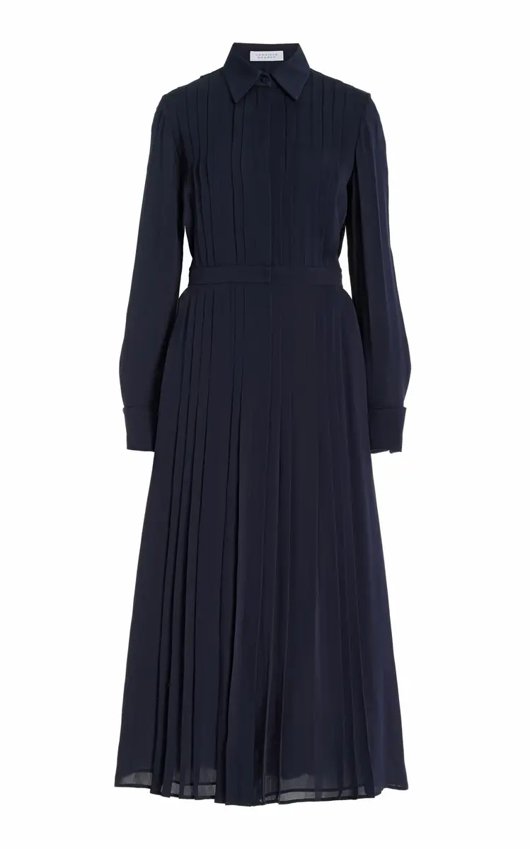 Delphine Corrugated Shirtdress in Dark Navy Silk Georgette Twill Delphine Corrugated Shirtdress in Dark Navy Silk Georgette Twill