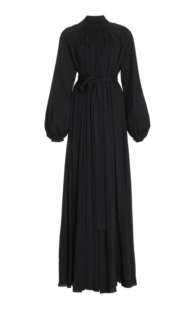 Cedric Pleated Dress in Black Silk Georgette Twill Cedric Pleated Dress in Black Silk Georgette Twill