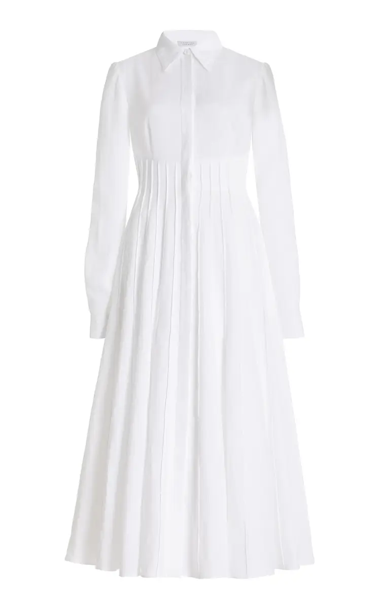 GABRIELA HEARST Dewi Pleated Shirtdress in White Aloe Linen | Image 1 GABRIELA HEARST Dewi Pleated Shirtdress in White Aloe Linen | Image 1