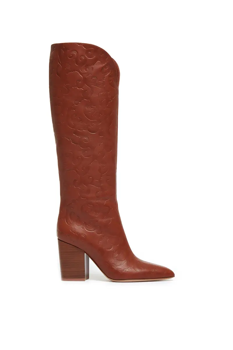 Debossed Knee-High Cora Boots in Cognac Leather Debossed Knee-High Cora Boots in Cognac Leather