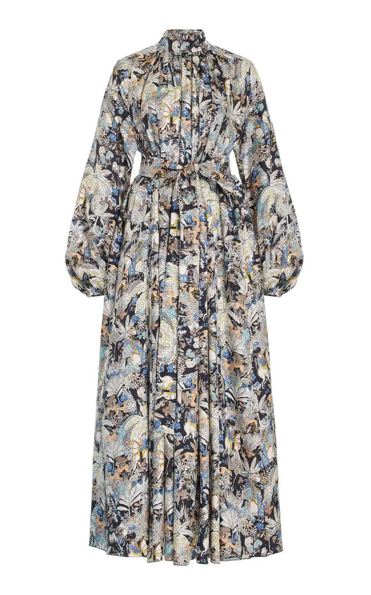 GABRIELA HEARST Cedric Pleated Dress in Blue Multi Printed Silk Twill | Image 1 GABRIELA HEARST Cedric Pleated Dress in Blue Multi Printed Silk Twill | Image 1
