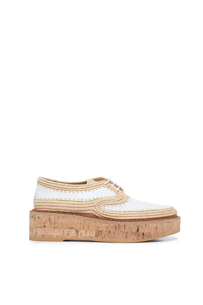 Gabriela Hearst Louis Brogue in White Leather & Natural Raffia | Image 1 Gabriela Hearst Louis Brogue in White Leather & Natural Raffia | Image 1
