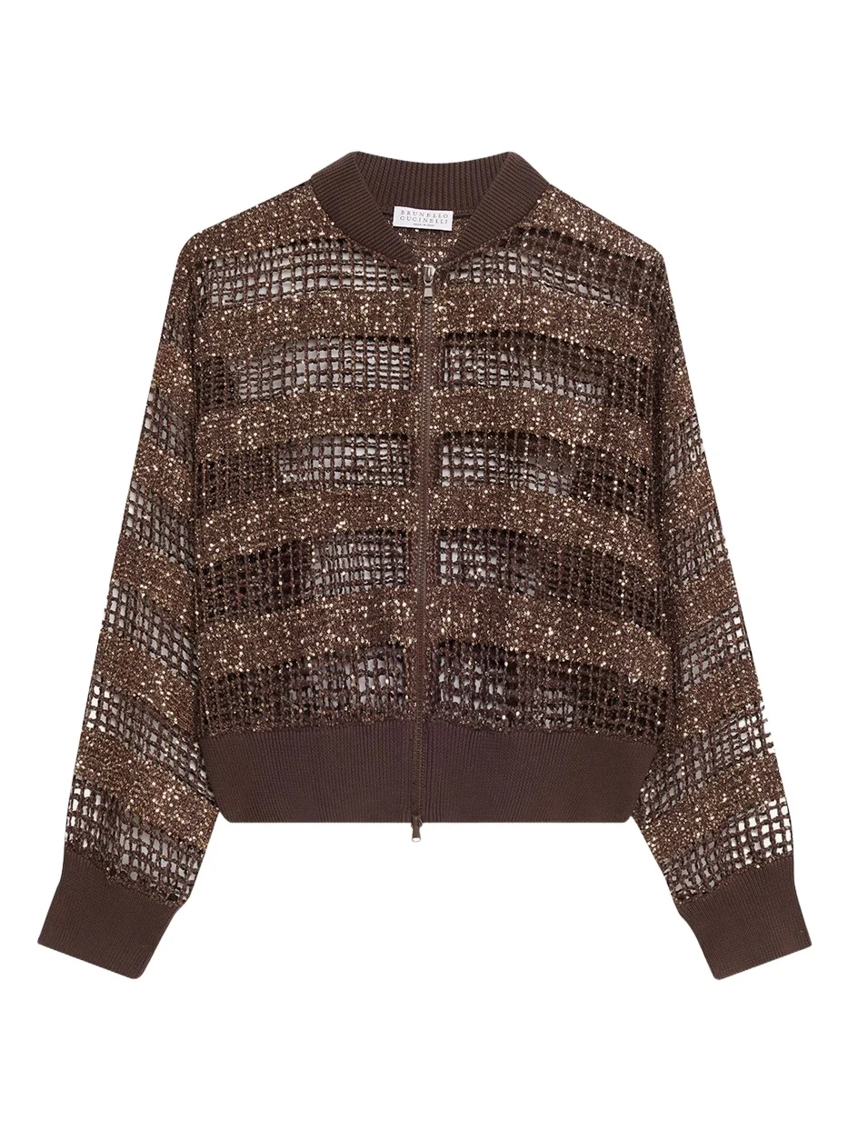 Brunello Cucinelli Sparkling Sequin Net Knit Bomber Jacket