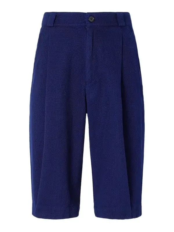 Wide-Leg Pleated Sashiko Cotton Shorts - Men