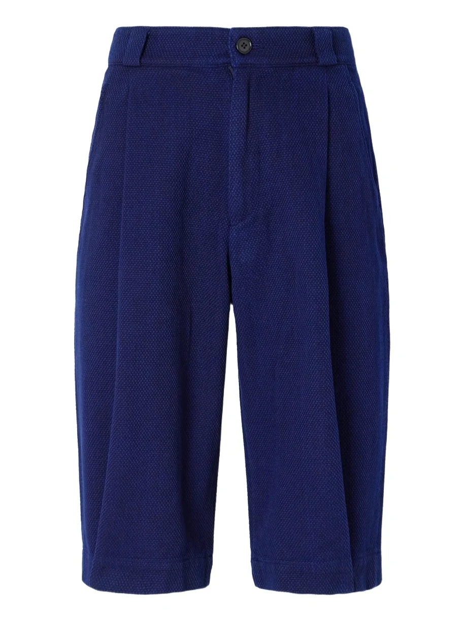 Wide-Leg Pleated Sashiko Cotton Shorts - Men