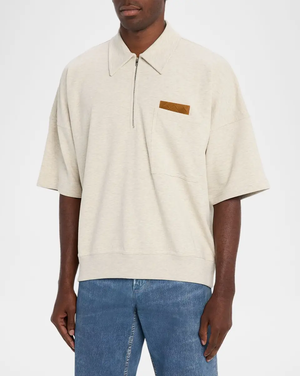Bottega Veneta Men's Intrecciato Suede-Trim Jersey Polo Shirt | Thumbnail 4