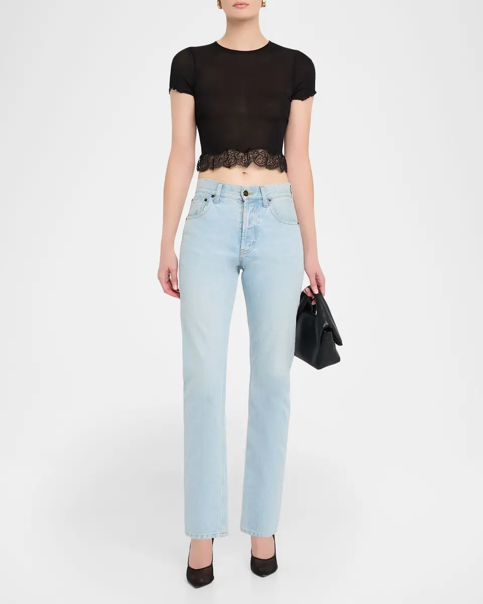 Saint Laurent Lace-Trim Short-Sleeve Crop T-Shirt | Thumbnail 2